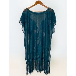 Teal Lace Fringe Hem Cover Up Tropical Floral Boho One Size